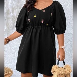 Black Puff Sleeve Flowy Dress with Floral Embroidery Details NWOT